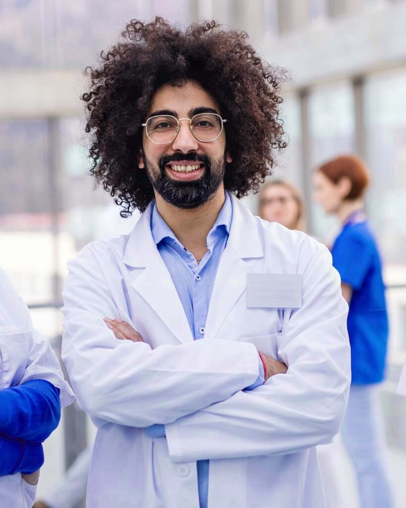 group of doctors standing in corridor on medical c 5NQGMQB